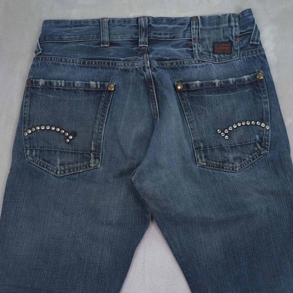 G-Star Raw Studs Straight Jeans Mens 34x32 Blue Denim Button Fly Studded Pockets
